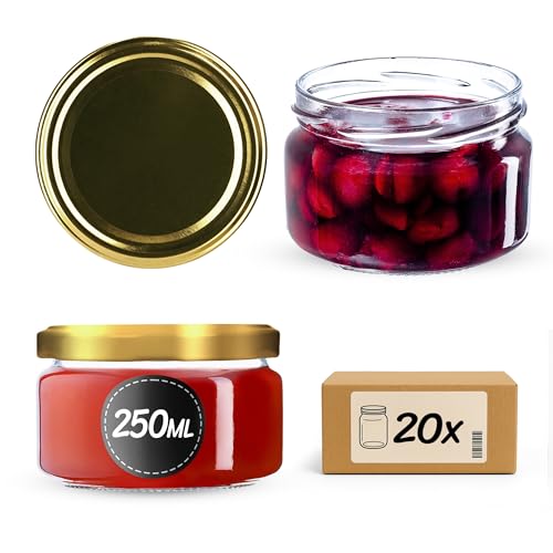 KADAX 20st Einmachgläser 250 ml, Marmeladengläser mit Twist-Off Deckel fi82, Dessertgläser, Luftdicht & Spülmaschinenfest, Dickwandiges Glas, Auswahl an Schraubverschlüssen (Gold) von KADAX