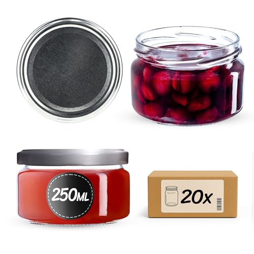 KADAX 20st Einmachgläser 250 ml, Marmeladengläser mit Twist-Off Deckel fi82, Dessertgläser, Luftdicht & Spülmaschinenfest, Dickwandiges Glas, Auswahl an Schraubverschlüssen (Silber) von KADAX