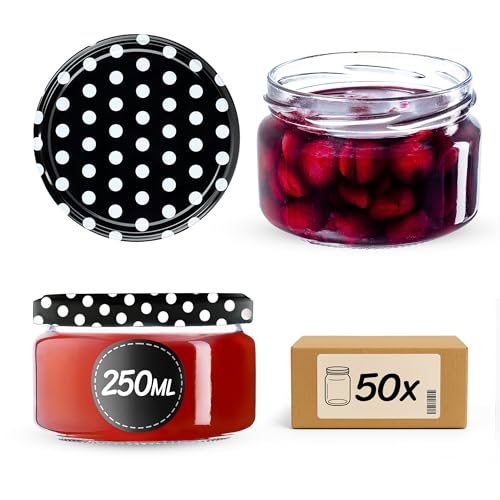 KADAX 50st Einmachgläser 250 ml, Marmeladengläser mit Twist-Off Deckel fi82, Dessertgläser, Luftdicht & Spülmaschinenfest, Dickwandiges Glas, Auswahl an Schraubverschlüssen (Schwarz gepunktet) von KADAX