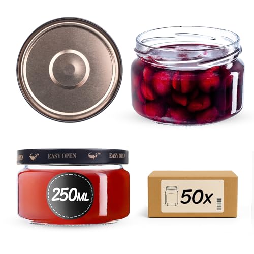 KADAX 50st Einmachgläser 250ml mit Schraubdeckel fi82 mm, Dessertgläser, Marmeladengläser mit Twist-Off Deckel, Luftdicht & Spülmaschinenfest, Dickwandiges Glas (Schwarz/Gold, 50 St.) von KADAX