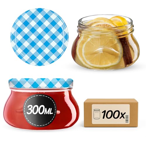 KADAX kleine Einmachgläser 300 ml, Miniaturgläser für Honig und Gewürze, Marmeladengläser mit Deckel, Luftdichte Gläschen zum Verschenken (Blau kariert, 100 Stück) von KADAX
