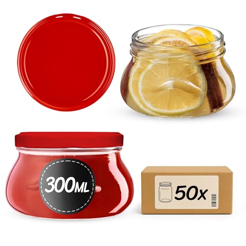 KADAX kleine Einmachgläser 300 ml, Miniaturgläser für Honig und Gewürze, Marmeladengläser mit Deckel, Luftdichte Gläschen zum Verschenken (Rot, 50 Stück) von KADAX