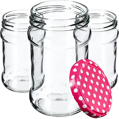 KADAX 100st Einmachgläser 315 ml mit fi66 mm Schraubdeckel für Honig, Dessert, Marmeladen | Luftdichte Gläschen, Einmachglas, Rundgläser, Konfitürengläser, Honiggläser (100 Stück, Rosa gepunktet) von KADAX