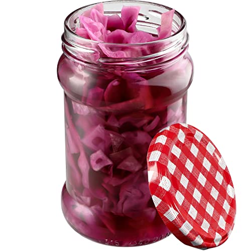 KADAX 100st Einmachgläser 315 ml mit fi66 mm Schraubdeckel für Honig, Dessert, Marmeladen | Luftdichte Gläschen, Einmachglas, Rundgläser, Konfitürengläser, Honiggläser (100 Stück, Rot kariert) von KADAX
