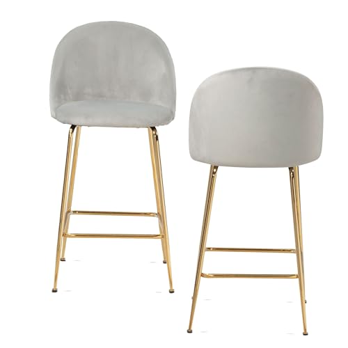 2er Set Barhocker Samt Grau Hocker mit Lehne & goldenen Beinen | Küchenhocker Skandinavisch Stoff/Metall 110 kg | Design Barstuhl Tresenhocker | Bistrohocker Gepolstert von KADIMA DESIGN