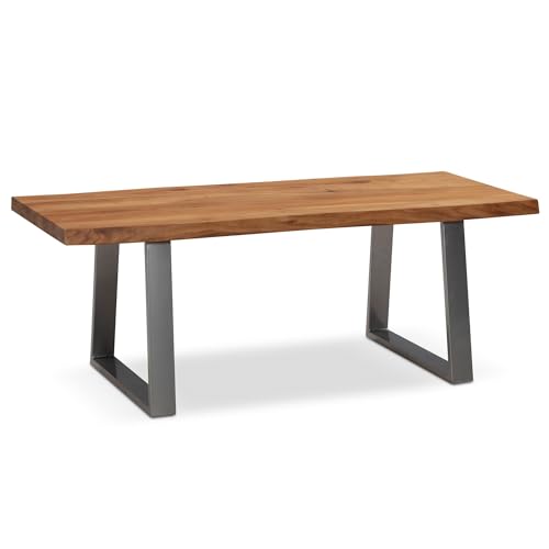 Couchtisch 120x60x46 cm Akazie Massivholz/Metall Baumkante | Design Wohnzimmertisch Rechteckig | Sofatisch Stubentisch Braun | Kaffeetisch mit Trapezbeinen in Chrom von KADIMA DESIGN