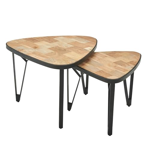 Design Couchtisch 2er Set Mango/Akazie Massivholz Satztisch Dreieckig | Wohnzimmertisch Braun mit Metallbeine | Tischset 2-teilig Satztisch Holz/Metall Schwarz von KADIMA DESIGN