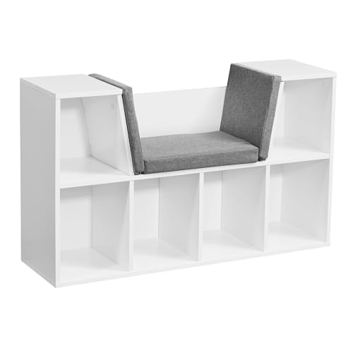 Design Regal mit Sitzfläche 101,5 x 61,5 x 30 cm Weiß Matt | Standregal mit Sitzauflage in Grau | Sitzbank mit 6 Fächern von KADIMA DESIGN