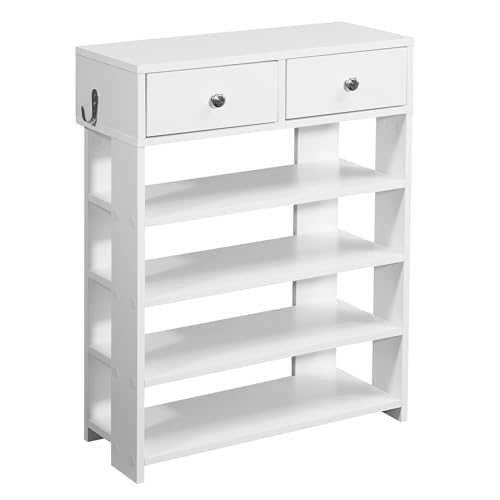 Design Schuhregal 60 x 79 x 24 cm Flurregal Weiß | Regal mit Zwei Schubladen | Hohes Standregal mit 4 Fächern von KADIMA DESIGN