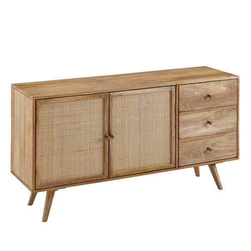 Design Sideboard 140x75x40 cm Mango Massivholz/Rattan | Kommode 3 Schubladen | Hoher Kommodenschrank Holz Massiv | Standschrank Wohnzimmer | 2 Türfächer Rohrgeflecht von KADIMA DESIGN