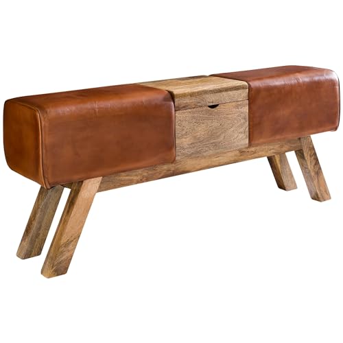 Design Turnbock Sitzbank Braun Aufbewahrungsfach 120 x 29 x 53 cm | Turnhocker Bank aus Echtleder Klappfach | Hocker Garderobenbank Sitzhocker Springbock Turnbank von KADIMA DESIGN