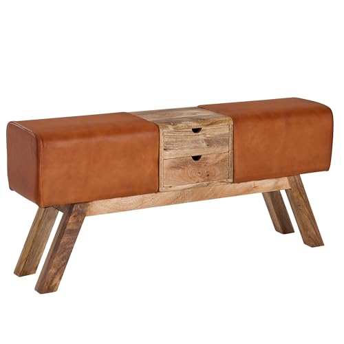 Design Turnbock Sitzbank Braun mit Schubladen 120x56x30 cm | Turnhocker Bank aus Echtleder mit Stauraum | Hocker Garderobenbank Sitzhocker Springbock Turnbank von KADIMA DESIGN