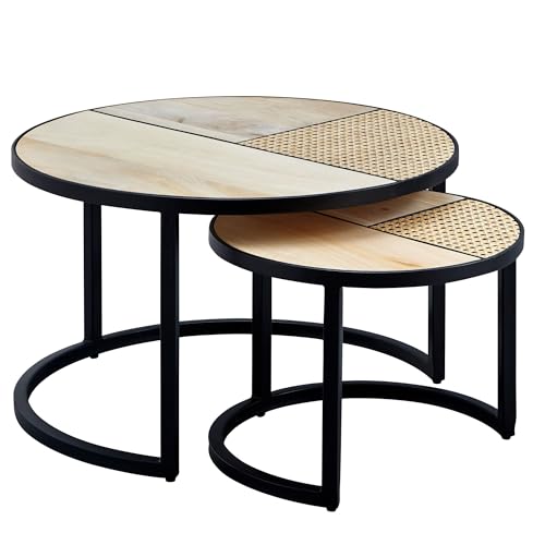 Design Wohnzimmertisch 2er Set Mango/Rattan Beistelltisch Rund | Couchtisch Wiener Geflecht | Tischset 2-teilig mit Metallbeine | Satztisch Holz/Metall von KADIMA DESIGN