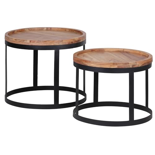 KADIMA DESIGN 2er Set Beistelltische AKOLA Massivholz Akazie Wohnzimmertisch Landhausstil Anstelltisch Metallgestell Naturholz von KADIMA DESIGN