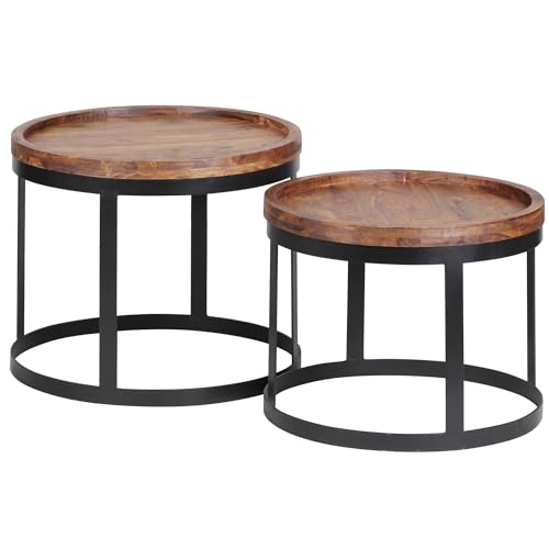 KADIMA DESIGN 2er Set Beistelltische AKOLA Massivholz Sheesham Wohnzimmertisch Landhausstil Anstelltisch Metallgestell Naturholz von KADIMA DESIGN