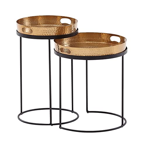 KADIMA DESIGN Beistelltisch 2er Set Gold/Schwarz Metall Hammerschlag Satztisch Rund | Couchtisch abnehmbares Tablett | Tabletttisch Sofa 2 teilig Modern | Runder Sofatisch von KADIMA DESIGN