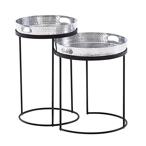 KADIMA DESIGN Beistelltisch 2er Set Silber/Schwarz Metall Hammerschlag Satztisch Rund | Couchtisch abnehmbares Tablett | Tabletttisch Sofa 2 teilig Modern | Runder Sofatisch von KADIMA DESIGN