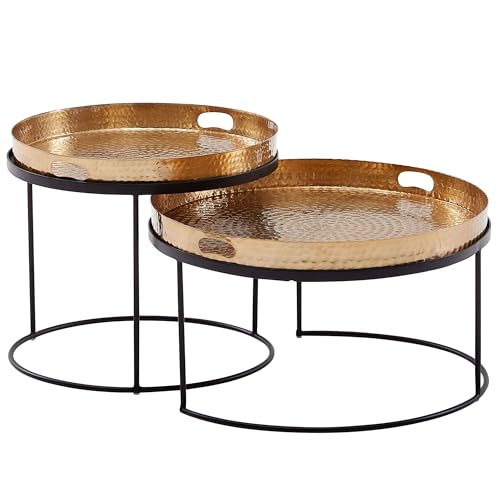 KADIMA DESIGN Couchtisch 2er Set Gold/Schwarz Metall Hammerschlag Satztisch Rund | Sofatisch abnehmbares Tablett | Tabletttisch Sofa 2 teilig Modern | Runder Beistelltisch von KADIMA DESIGN