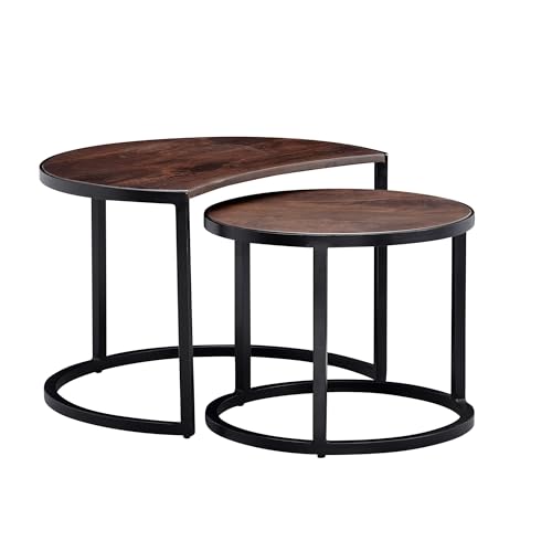 KADIMA DESIGN Couchtisch 2er Set Mango Massivholz/Metall Wohnzimmertisch Rund | Industrial Beistelltisch mit Metallbeine Schwarz | Tischset 2-teilig Satztisch Holz von KADIMA DESIGN