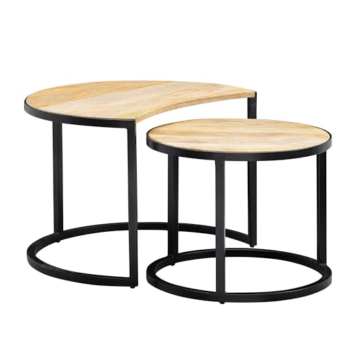 KADIMA DESIGN Couchtisch 2er Set Mango Massivholz/Metall Wohnzimmertisch Rund | Industrial Beistelltisch mit Metallbeine Schwarz | Tischset 2-teilig Satztisch Holz von KADIMA DESIGN
