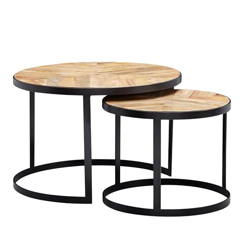 KADIMA DESIGN Couchtisch 2er Set Massivholz/Metall Wohnzimmertisch Industrial Rund | Beistelltisch mit Metallbeine Schwarz | Tischset 2-teilig Satztisch Holz von KADIMA DESIGN