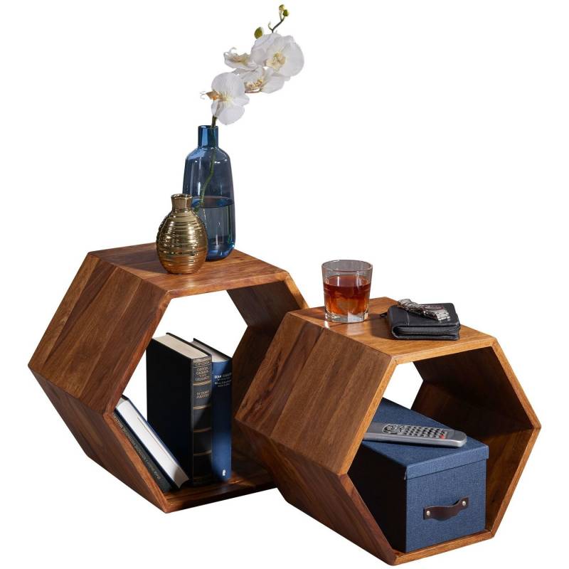 KADIMA DESIGN Satztisch Massivholz Tischset Braunton handgefertigt 2er Set Beistelltisch von KADIMA DESIGN