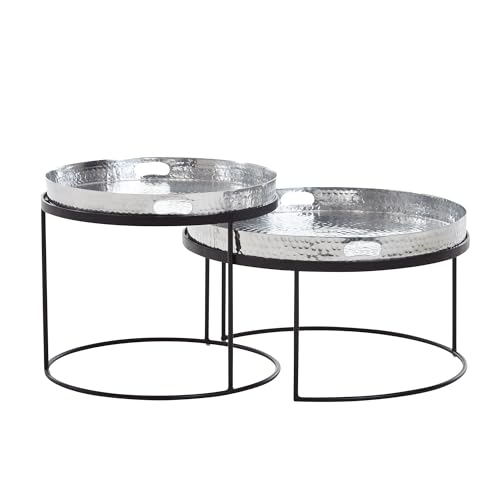 KADIMA DESIGN Couchtisch 2er Set Silber/Schwarz Metall Hammerschlag Satztisch Rund | Sofatisch abnehmbares Tablett | Tabletttisch Sofa 2 teilig Modern | Runder Beistelltisch von KADIMA DESIGN
