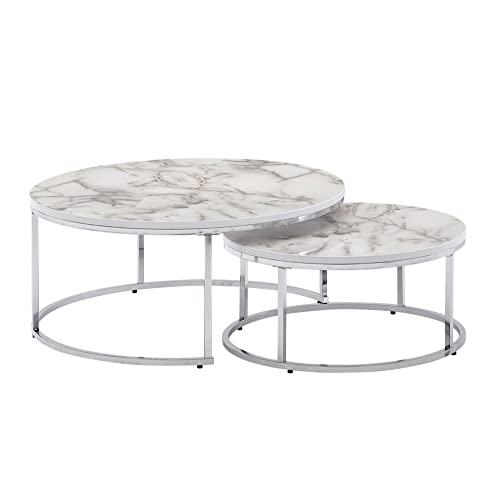 KADIMA DESIGN Couchtisch-Set mit Marmor-Optik: Eichenholz, Metallgestell, 80x80x36 cm & 60x60x26 cm, ineinanderschiebbar Farbe: Silber von KADIMA DESIGN