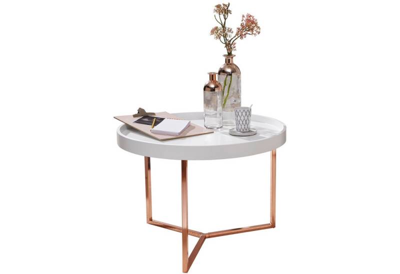 KADIMA DESIGN Couchtisch Couchtisch JESI 58,5x42x58,5cm Weiß / Kupfer Sofatisch Metall Rund, (Metallgestell, Runder Tabletttisch mit Holz-Platte), Designer Retro Wohnzimmertisch modern, Kleiner Loungetisch mit von KADIMA DESIGN