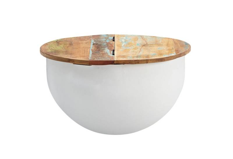 KADIMA DESIGN Couchtisch Couchtisch Mango 60x34x60 cm Massivholz Metall Tisch Weiß Industrial (Modern), Rund, Design Wohnzimmertisch mit Stauraum, Loungetisch Sofatisch von KADIMA DESIGN