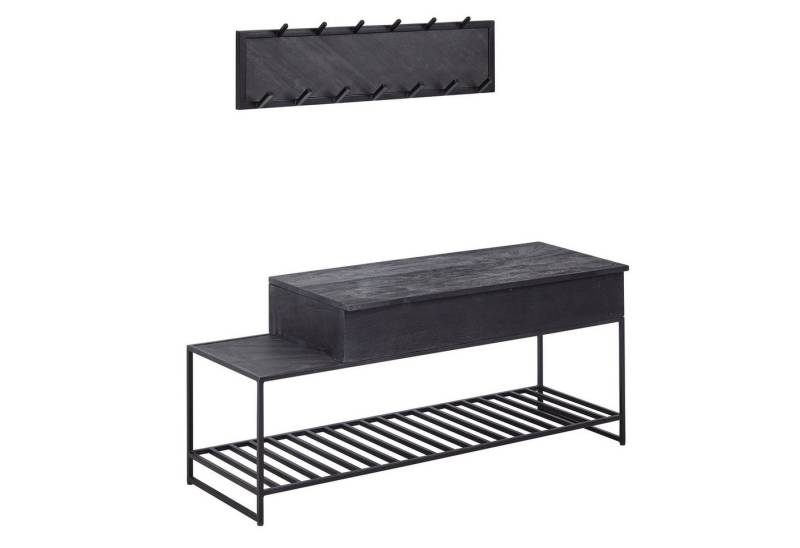 KADIMA DESIGN Garderobe Sitzbank mit Wandgarderobe Schwarz Mango Massivholz Schuhbank 110 cm, (und Schuhregal, Flurbank mit Sitzfläche), Design Garderoben-Set Industrial Flur, Garderobenbank mit Stauraum von KADIMA DESIGN