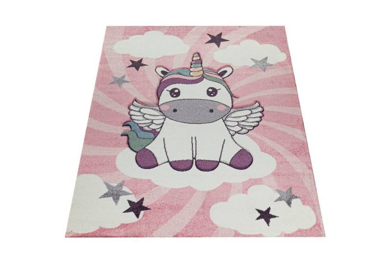 KADIMA DESIGN Kinderteppich Einhorn Kinderzimmer schmutzabweisend Teppich Kinder, Rechteckig, Höhe: 16 mm, Florhöhe: 12 mm, 100% Polypropylen, Rechteckig, 80x150cm, Pink von KADIMA DESIGN