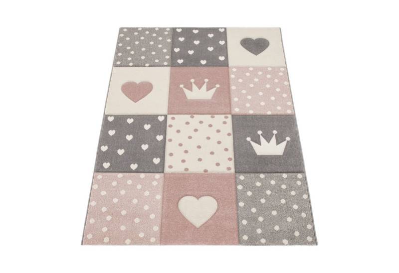 KADIMA DESIGN Kinderteppich Herz‑Kronen‑Patchwork‑Muster Kinderzimmer Kinderteppich, Rechteckig, Höhe: 16 mm, Florhöhe: 12 mm, 100% Polypropylen, Rechteckig, 120x170cm, Pink von KADIMA DESIGN