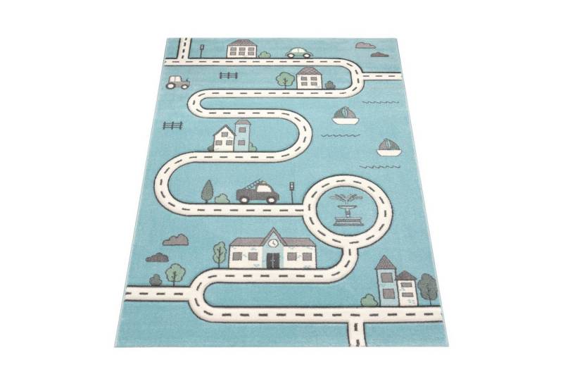 KADIMA DESIGN Kinderteppich Roadmap Kindermotiv Kinderzimmer schmutzabweisend Teppich Kinder, Rechteckig, Höhe: 17 mm, Florhöhe: 13 mm, 100% Polypropylen, Rechteckig, 80x150cm, Blau von KADIMA DESIGN