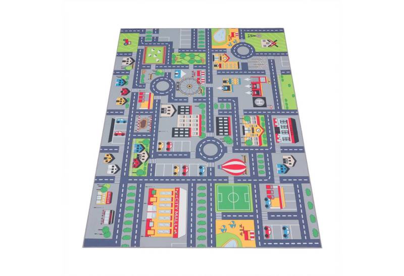KADIMA DESIGN Kinderteppich waschmaschinenwaschbar Dorf‑ und Bauernhofplan‑Muster Kinderteppich, Rechteckig, Höhe: 4 mm, 100% Polyester, Rücken aus Felt + Dots, Rechteckig, 80x150cm, Grau von KADIMA DESIGN
