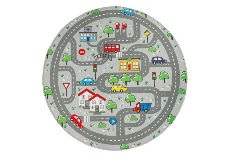 KADIMA DESIGN Kinderteppich waschmaschinenwaschbar Roadmap Kinderzimmer Kinderteppich, Rund, Höhe: 4 mm, 100% Polyester, Rücken aus Felt + Dots, Rund, 150Dcm, Grau von KADIMA DESIGN
