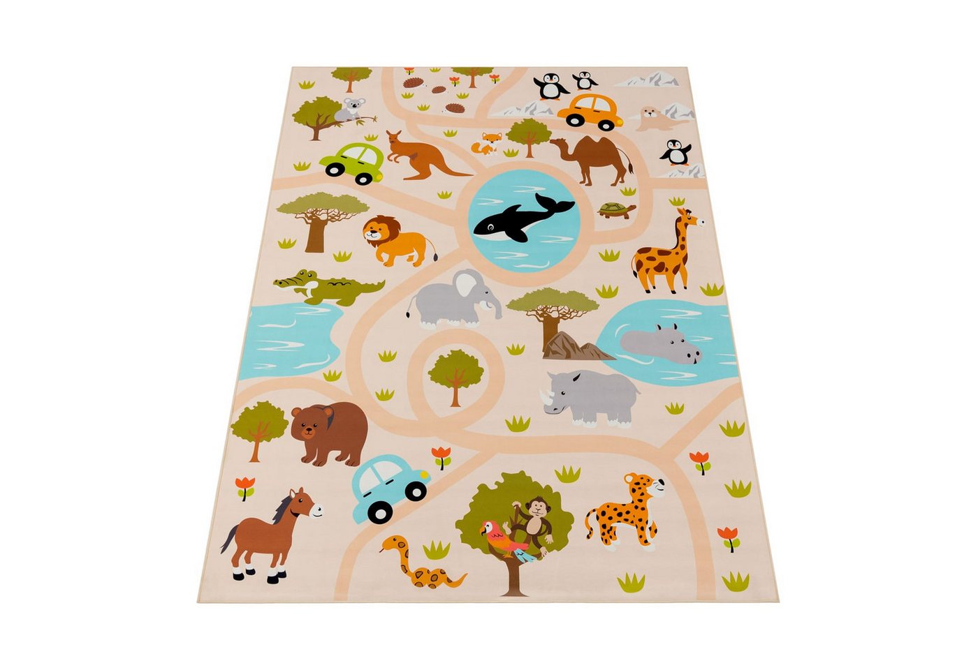 KADIMA DESIGN Kinderteppich waschmaschinenwaschbar Safari‑Straßen‑Muster Kinderteppich, Rechteckig, Höhe: 4 mm, 100% Polyester, Rücken aus Felt + Dots, 80x150cm, Mehrfarbig von KADIMA DESIGN