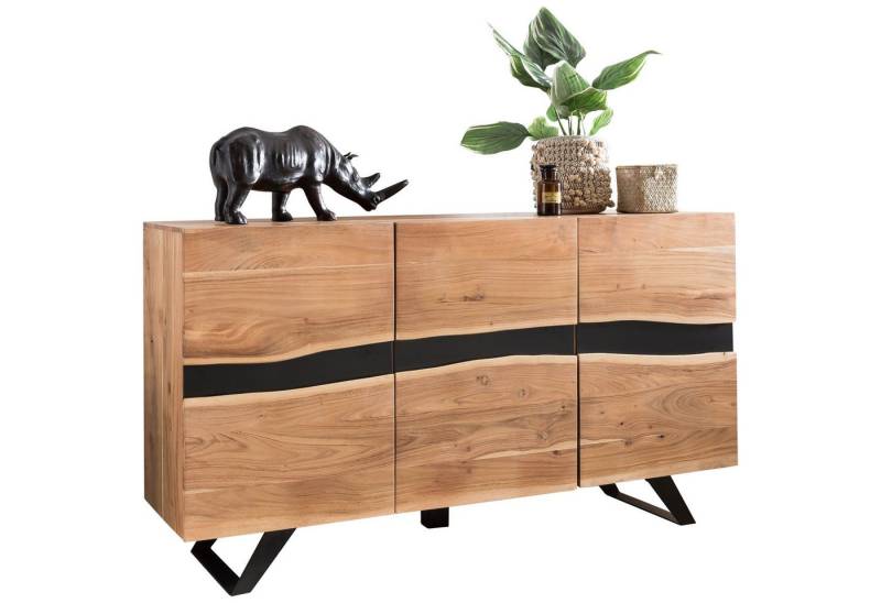 Wohnling Kommode Sideboard 148 x 85 x 43 cm Massiv-Holz Akazie Natur Baumkante (Anrichte, Landhaus-Stil Highboard mit 3 Türen, Flur Schrank), Anrichte, Landhaus-Stil Highboard mit 3 Türen, Flur Schrank von Wohnling