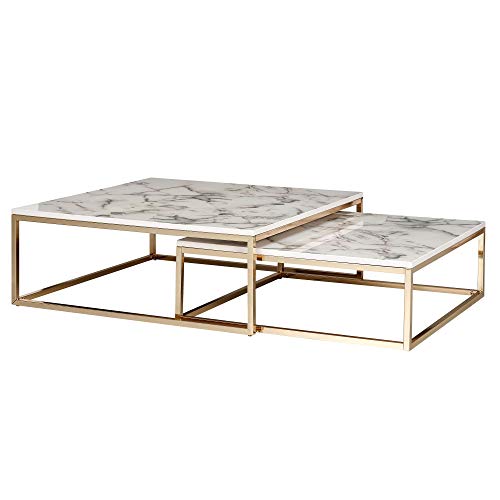 KADIMA DESIGN MARMIX Couchtische 2er Set: Quadratisch, Marmoroptik, Metallgestell, 22-27 cm Höhe, leicht zu reinigen Farbe: Weiß von KADIMA DESIGN