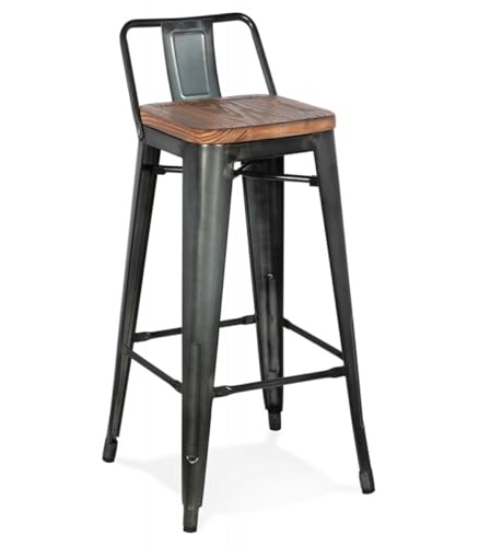 KADIMA DESIGN Mittelhoher Snackhocker Holz Metall | Industrie Barhocker mit Rückenlehne | Küchenhocker MECANO Mini für Theke | Industriestil | 42x42x84 cm Sitzhöhe 66 cm | Braun Dunkelgrau von KADIMA DESIGN