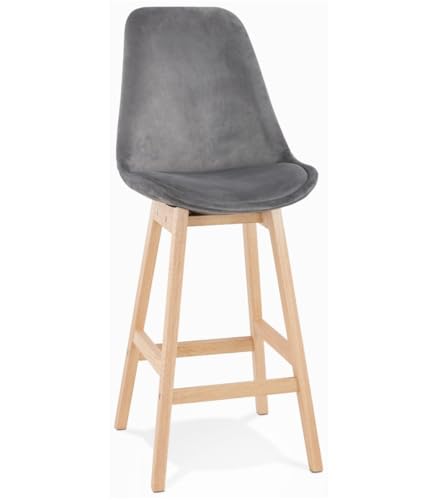 Küchenhocker aus Holz und grauem Samt | Mittelhoher Snackhocker mit umhüllender Rückenlehne | Komfortabler Hochstuhl für Kücheninsel und Theke | Vintage Modern Zeitgenössisch | Sitzhöhe 65 cm von KADIMA DESIGN