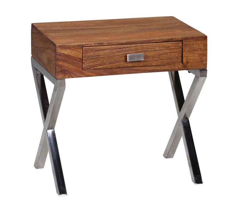 KADIMA DESIGN Nachttisch Nachttisch GUNA Massiv-Holz Nacht-Kommode 45 cm 1 Schublade Landhaus (dunkel-braun Nacht-Konsole Natur-Produkt Schlafzimmer-Möbel), mit Metallbeine Nachtschrank Landhaus-Stil Echt-Holz Nachtkästchen von KADIMA DESIGN