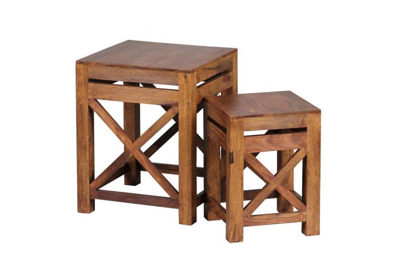 KADIMA DESIGN Satztisch 2er Set Beistelltisch PALI Massiv-Holz Wohnzimmer-Tisch Couchtisch, Design dunkel-braun Landhaus-Stil Couchtisch von KADIMA DESIGN
