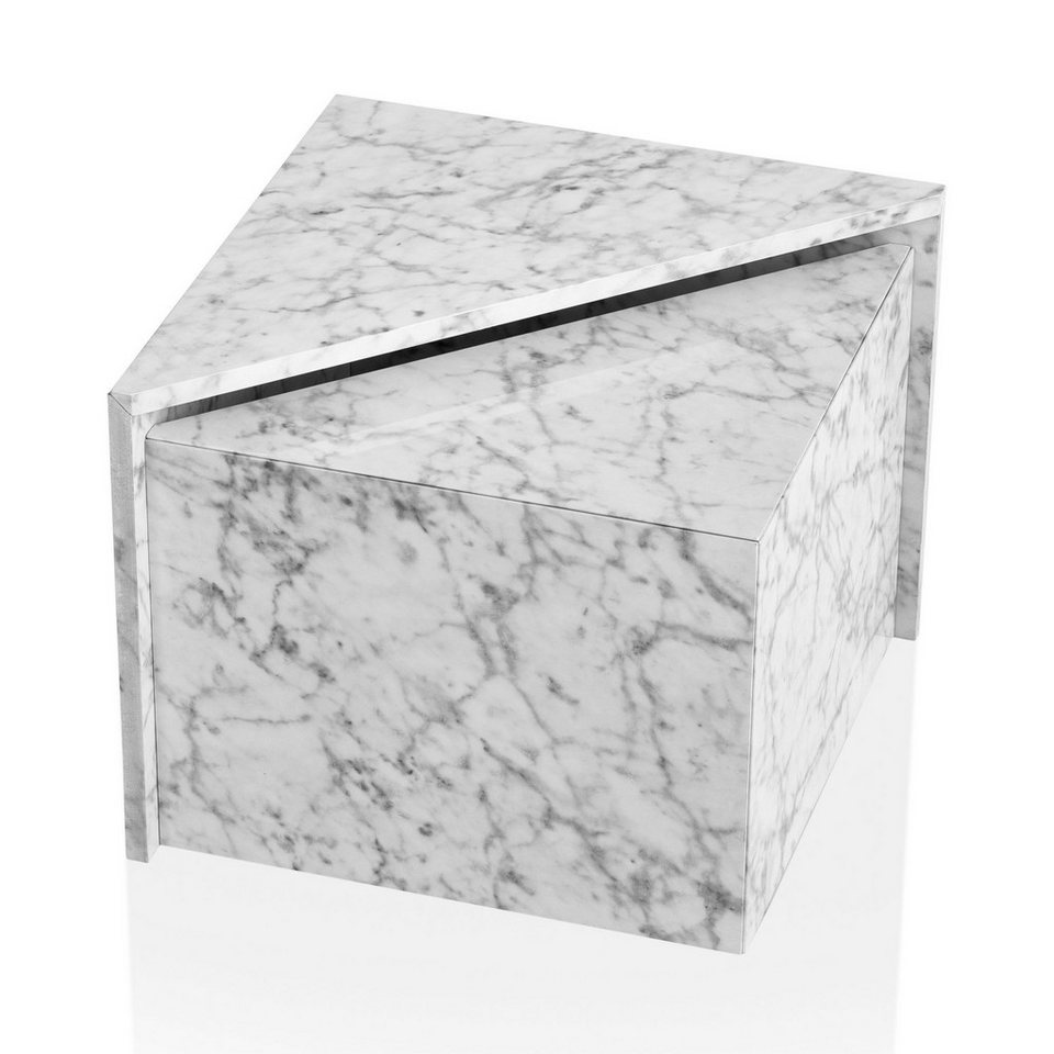 KADIMA DESIGN Satztisch Couchtisch 2er Set MONOBLOC Weiß Hochglanz Sofatisch mit Marmor (Lounge Verschachtelungstisch Beistelltisch Klein), Optik, Design Satztisch Eckig, Wohnzimmertisch Ineinanderschiebbar von KADIMA DESIGN