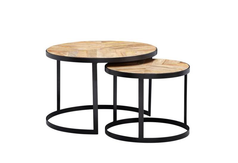 KADIMA DESIGN Satztisch Couchtisch 2er Set Massivholz / Metall Wohnzimmertisch Industrial Rund (Tischset 2-teilig Satztisch Holz), Beistelltisch mit Metallbeine Schwarz von KADIMA DESIGN