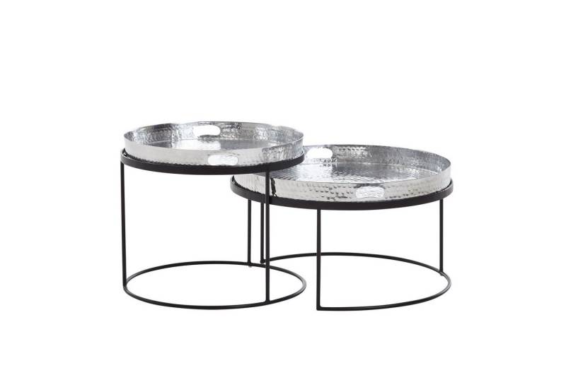 KADIMA DESIGN Satztisch Couchtisch 2er Set Silber / Schwarz Metall Hammerschlag Satztisch (Modern, Runder Beistelltisch), Rund, Sofatisch abnehmbares Tablett, Tabletttisch Sofa 2 teilig von KADIMA DESIGN