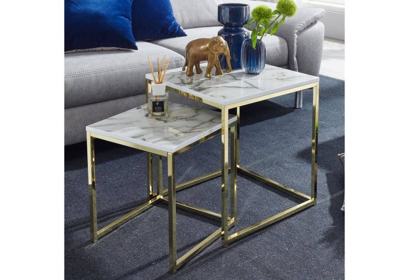KADIMA DESIGN Satztisch Design Beistelltisch 2er Set Weiß Marmor Optik Eckig, Couchtisch (Satztische Quadratisch), 2-teilig Tischgestell Metall Gold, Kleine Wohnzimmertische, Moderne von KADIMA DESIGN