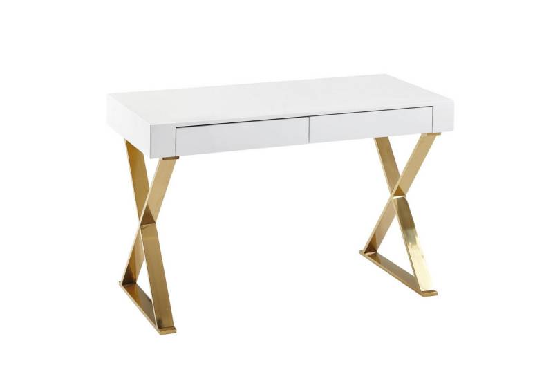 KADIMA DESIGN Schreibtisch Schreibtisch 118x76x57 cm Holz Hochglanz Weiß Metallbeine Golden (Konsolentisch Schubladen), Design Computertisch PC-Tisch Bürotisch Modern von KADIMA DESIGN