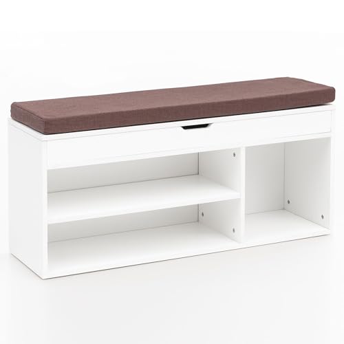 KADIMA DESIGN Schuhbank WL5.345 mit Sitzfläche Garderoben-Bank Holz 104x51x32 cm Weiß | Holzbank klein gepolstert | Sitzbank schmal Flur mit Stauraum | Truhenbank Schuhtruhe Flurmöbel von KADIMA DESIGN