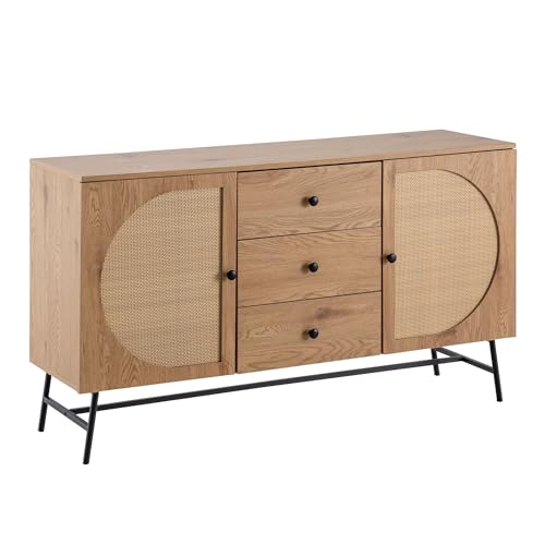 KADIMA DESIGN Sideboard 140x80x40 cm Kommode Eiche-Dekor mit Rattan Geflecht Modern | Hoher Kommodenschrank | Standschrank mit 2 Türen und 3 Schubladen | Anrichte Wohnzimmer von KADIMA DESIGN